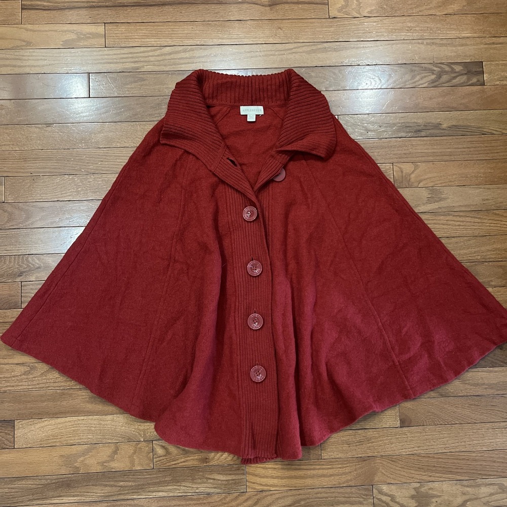 Appleseed's 100% Wool Poncho Cape Red Button Front Oversized One Size Sweater